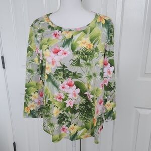 Tommy Bahama 3/4 Sleeve Tropical Orchid Knit Top Large 100% Cotton